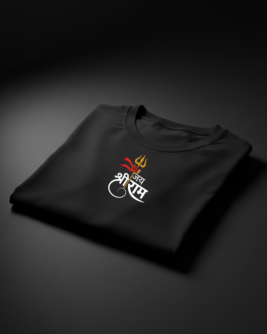 Folded black t-shirt with a logo on a dark background