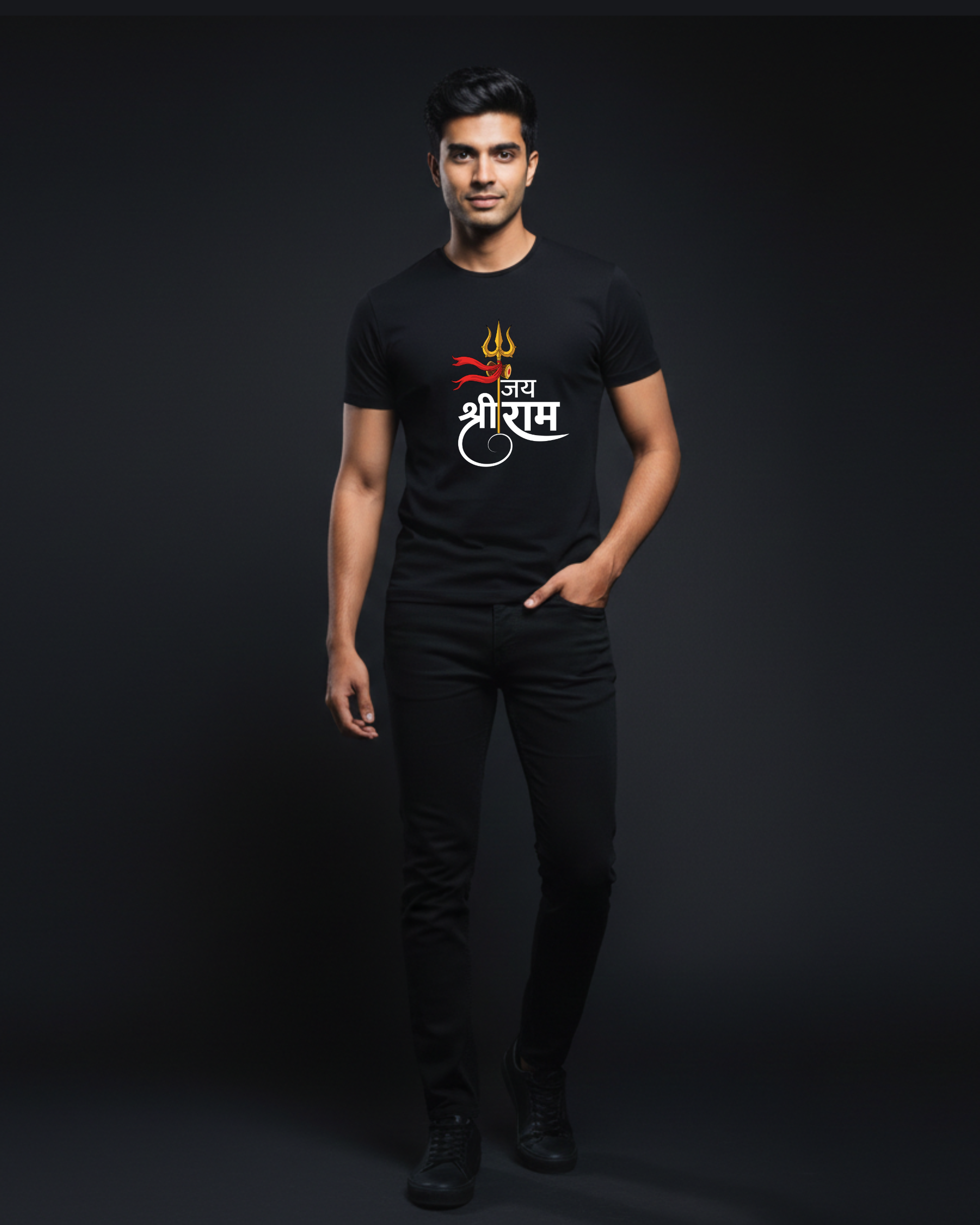 Man wearing a black t-shirt with white text and symbols on a dark background