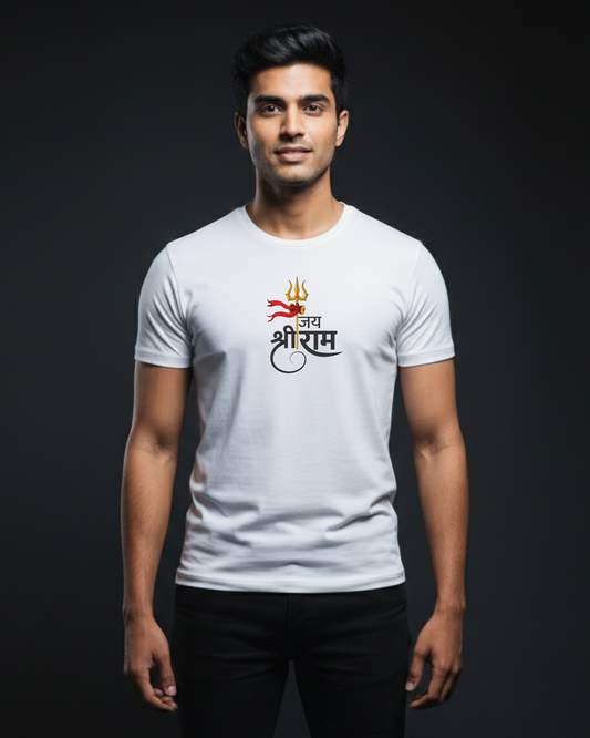 Jai Shree Ram Trishul Unisex Classic Crew White  T-Shirt | Premium 180 GSM Cotton