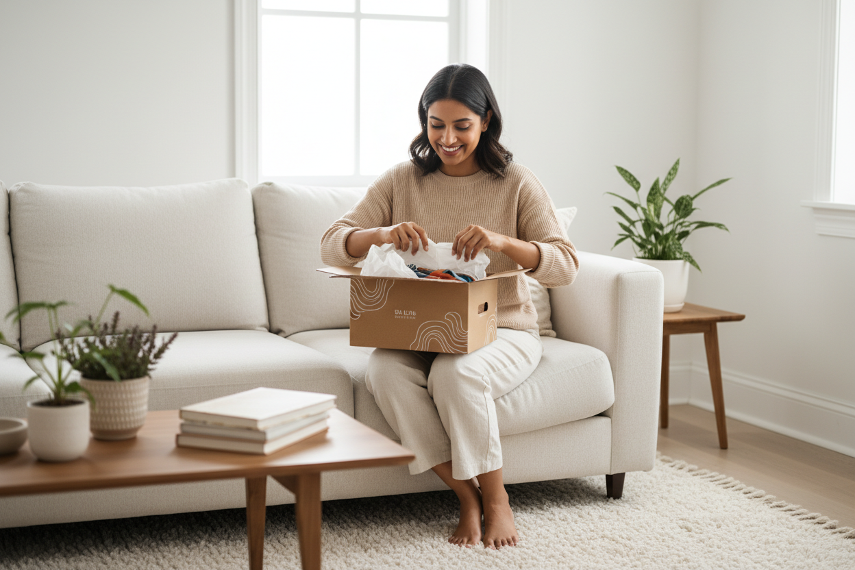 Indian woman smiling while opening an online shopping package at home, bright and clean room, natural daylight, realistic photography, ecommerce brand trust concept, white and beige tones, no text